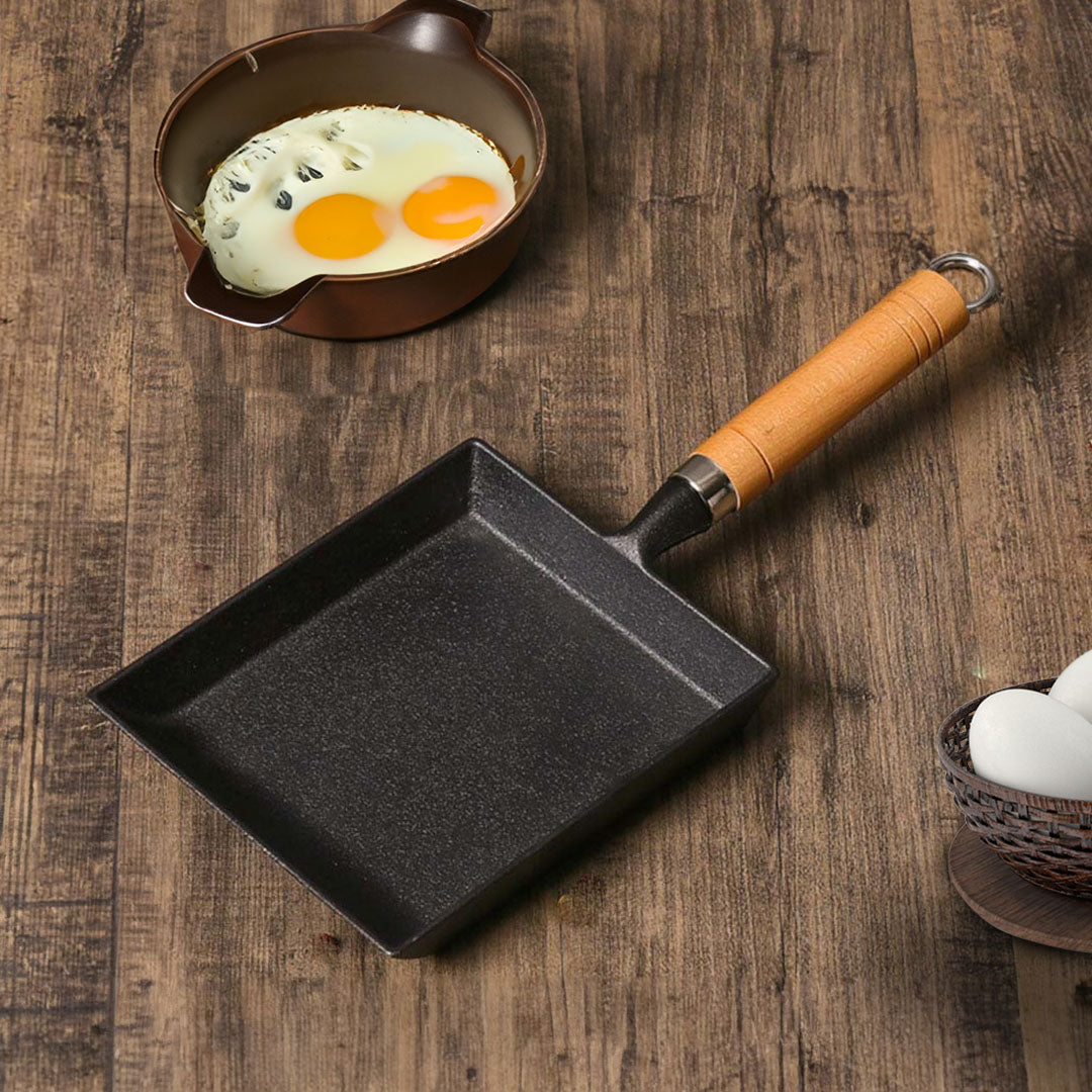 SOGA 2X Cast Iron Tamagoyaki Japanese Omelette Egg Frying Skillet Fry Pan Wooden Handle - Cafe Supply