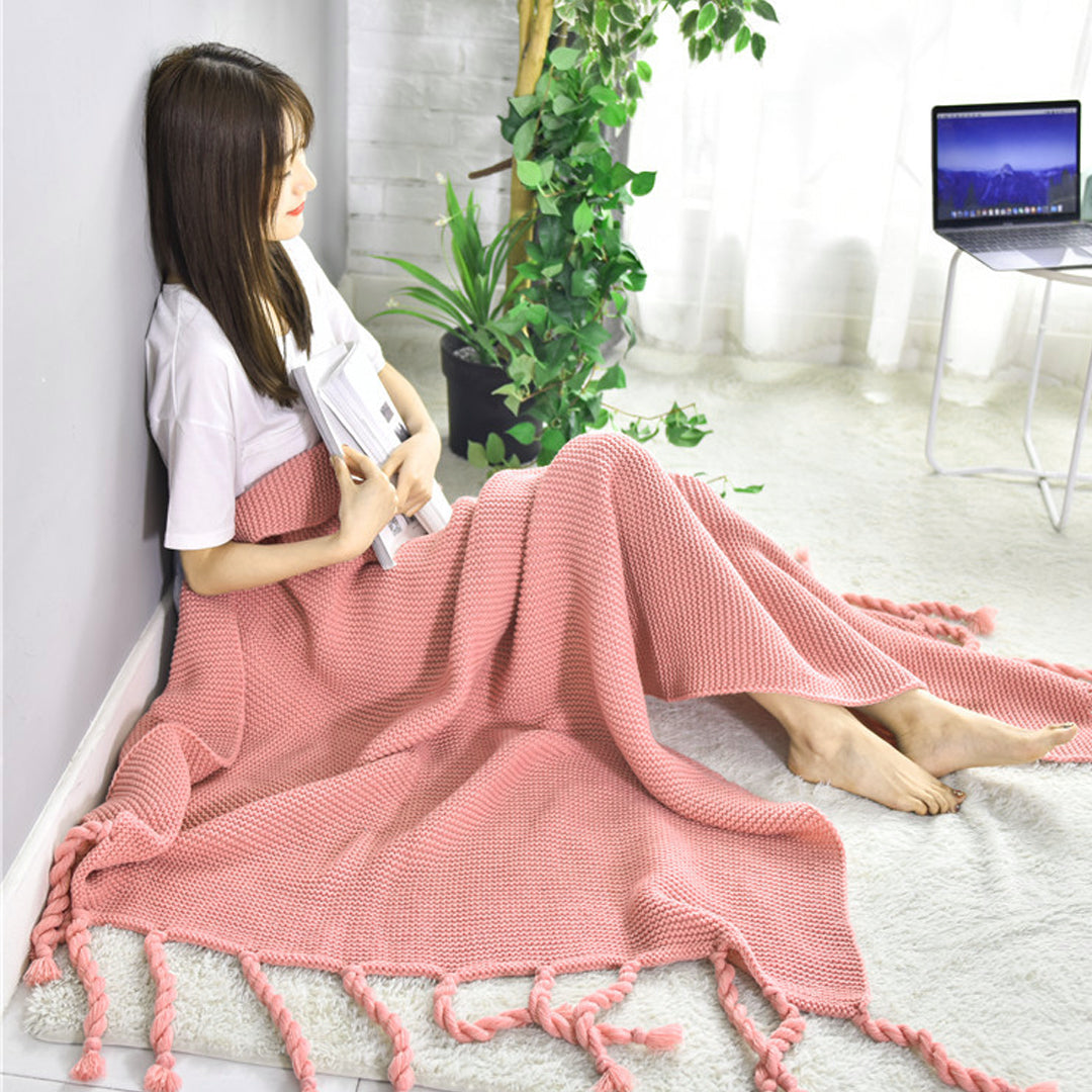 SOGA Pink Tassel Fringe Knitting Blanket Warm Cozy Woven Cover Couch Bed Sofa Home Decor - Cafe Supply