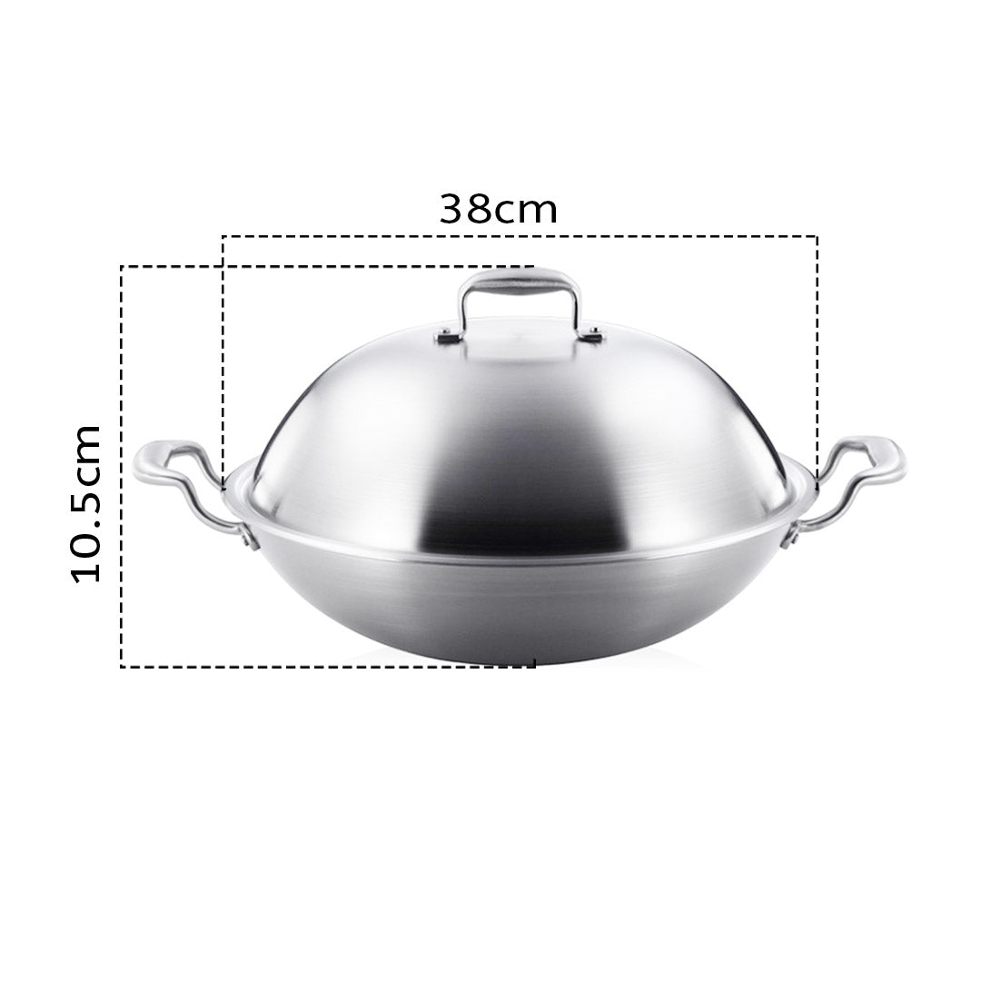 SOGA 2X 3-Ply 38cm Stainless Steel Double Handle Wok Frying Fry Pan Skillet with Lid - Cafe Supply