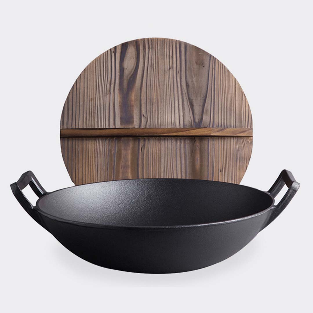 SOGA 2X 36CM Commercial Cast Iron Wok FryPan with Wooden Lid Fry Pan - Cafe Supply