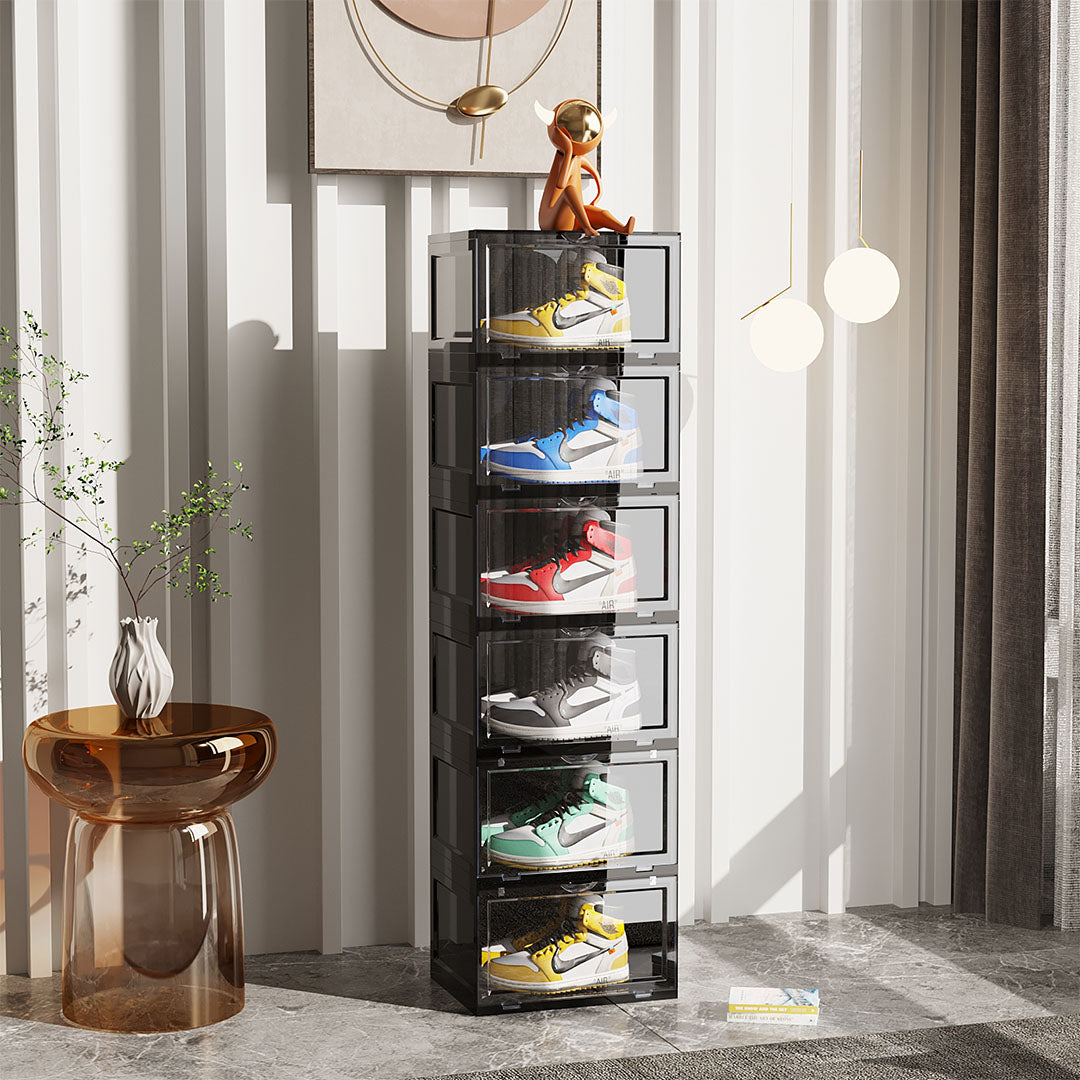 SOGA 2X 6 Tier Black Portable Shoe Organiser Sneaker Footwear Folding Plastic Bin Stackable Storage Box with Magnetic Door - Cafe Supply