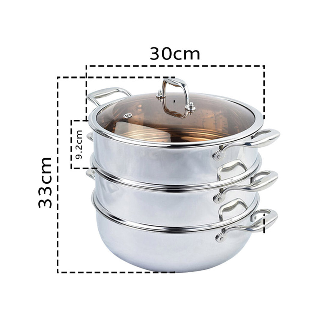 SOGA 3 Tier 30cm Heavy Duty Stainless Steel Food Steamer Vegetable Pot Stackable Pan Insert with Glass Lid - Cafe Supply