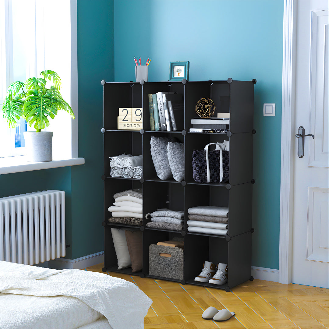 SOGA 4 Tier 12-Cube Black Portable Wardrobe Divide-Grid Modular Storage Organiser Foldable Closet - Cafe Supply