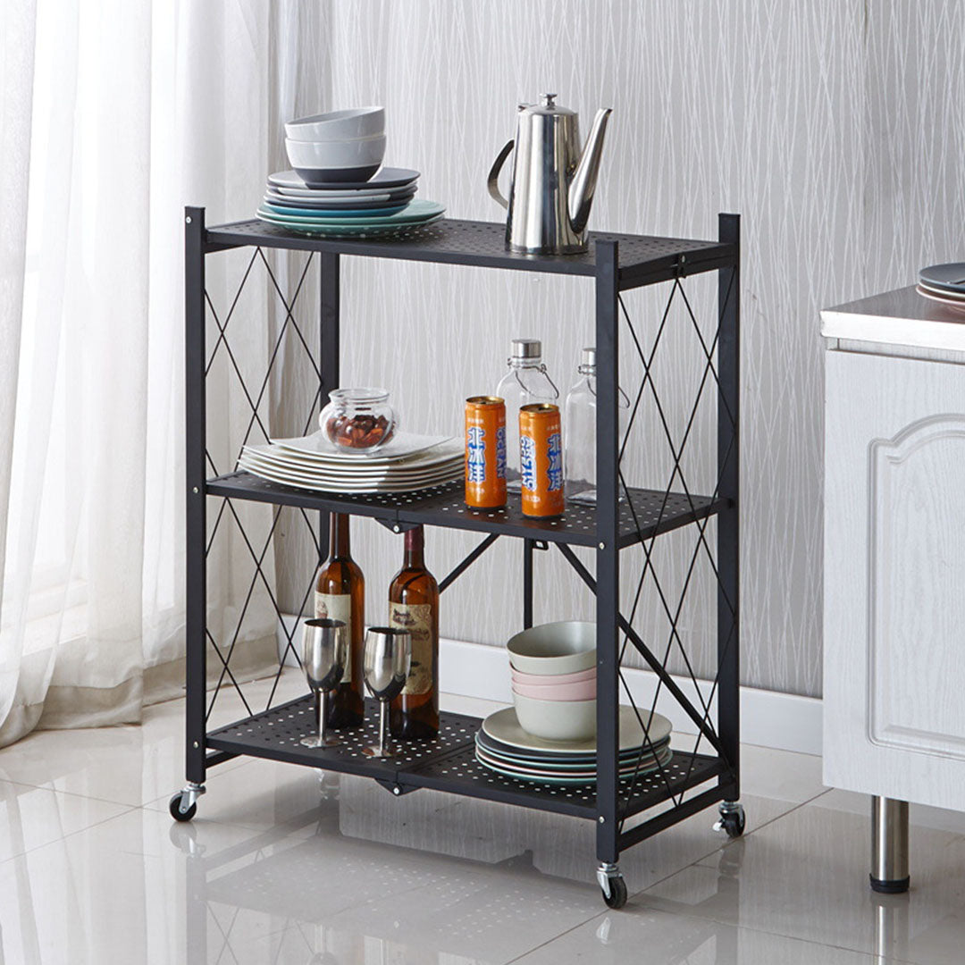 SOGA 3 Tier Steel Black Foldable Kitchen Cart Multi-Functional Shelves Portable Storage Organizer with Wheels - Cafe Supply