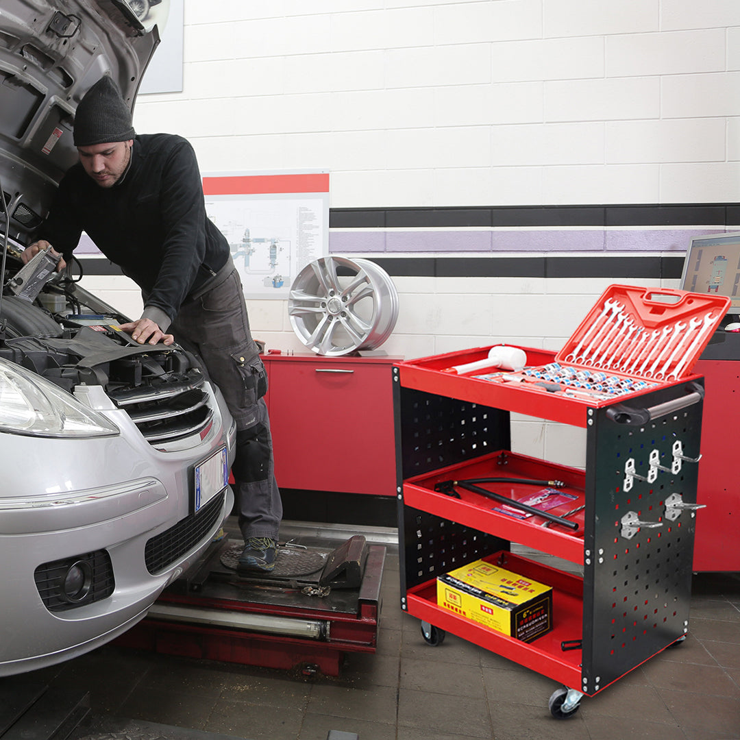 SOGA 3 Tier Tool Storage Cart Portable Service Utility Heavy Duty Mobile Trolley with Hooks Red - Cafe Supply