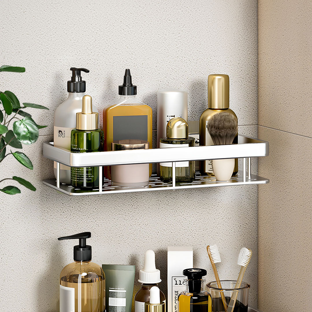 SOGA 2X Silver Wall-Mounted Rectangular Bathroom Storage Organiser Space Saving Adhesive Shelf Rack - Cafe Supply