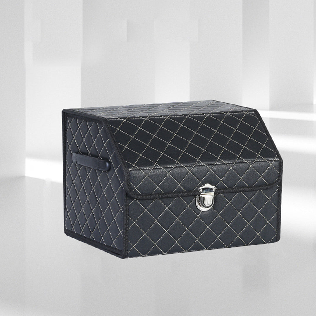 SOGA Leather Car Boot Collapsible Foldable Trunk Cargo Organizer Portable Storage Box Black/White Stitch with Lock Small - Cafe Supply