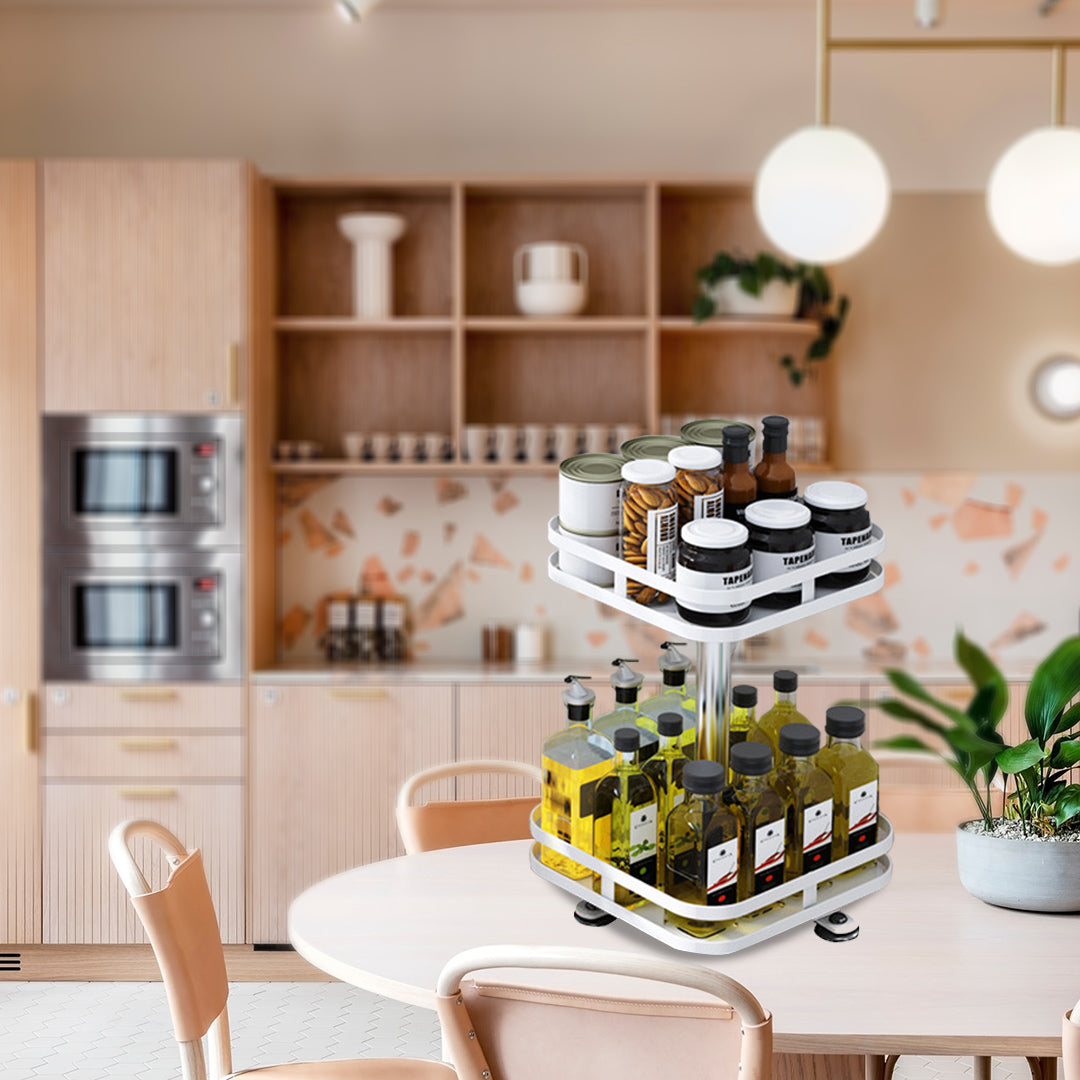 SOGA 2 Tier Steel White Square Rotating Multi-Function Kitchen Portable Storage Spice Seasoning Kitchen Countertop Organiser Shelf - Cafe Supply