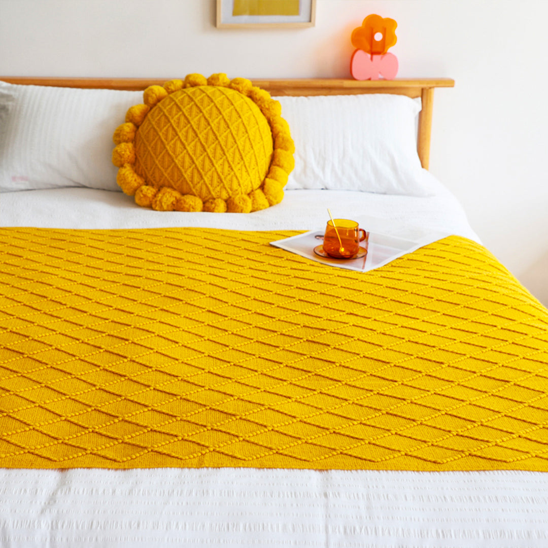 SOGA Yellow Diamond Pattern Knitted Throw Blanket Warm Cozy Woven Cover Couch Bed Sofa Home Decor with Tassels - Cafe Supply