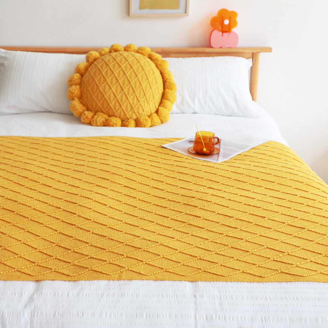 SOGA 2X Yellow Diamond Pattern Knitted Throw Blanket Warm Cozy Woven Cover Couch Bed Sofa Home Decor with Tassels - Cafe Supply