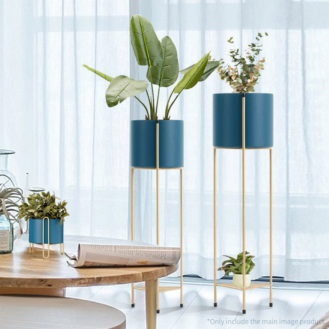 SOGA 2 Layer 65cm Gold Metal Plant Stand with Blue Flower Pot Holder Corner Shelving Rack Indoor Display - Cafe Supply