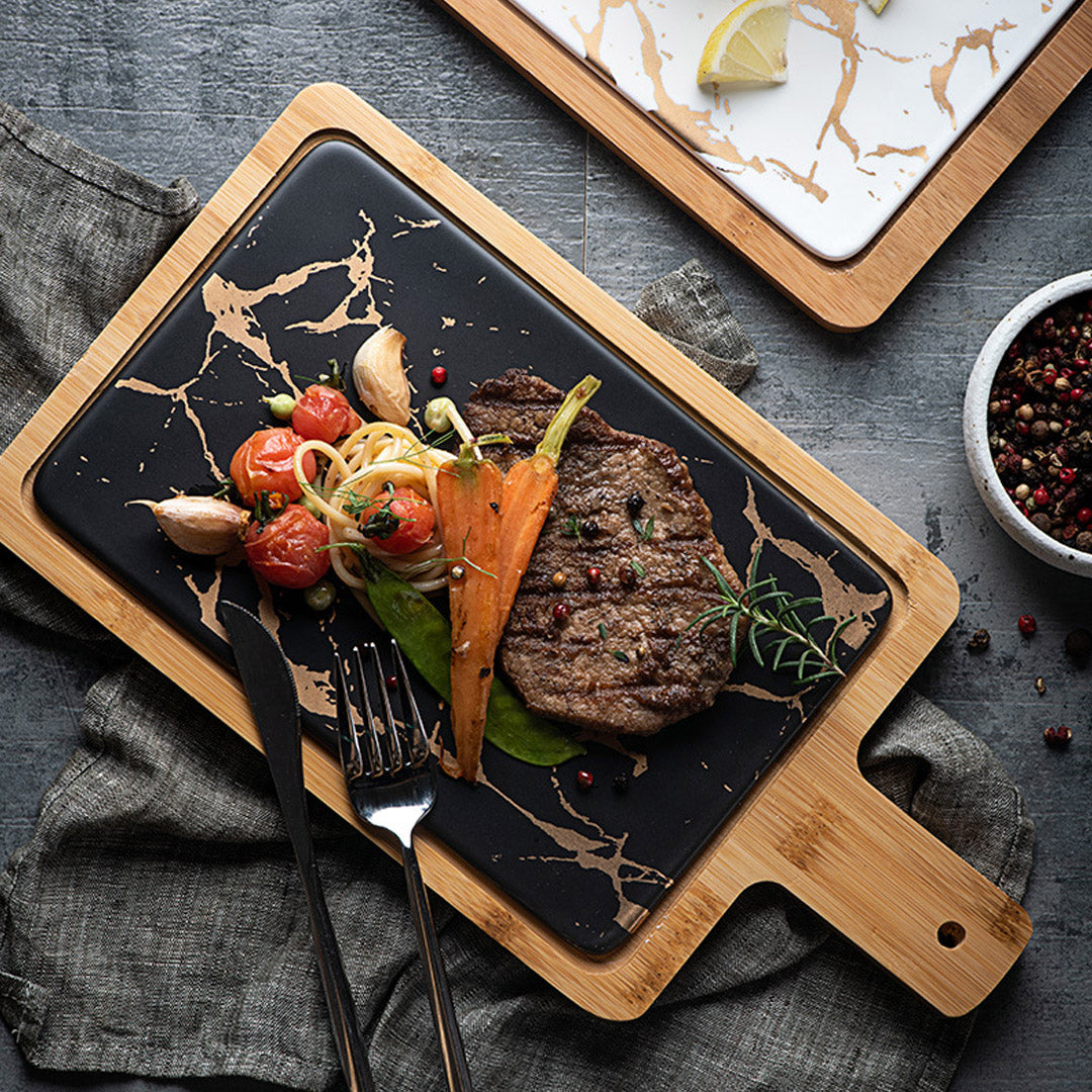 SOGA 2X 33.5cm Black Square Wooden Serving Tray Slate Steak Serving Platter Chopping Board Paddle Home Decor - Cafe Supply