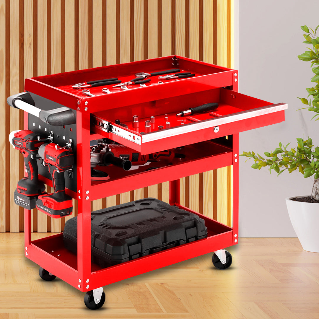 SOGA 2X 3 Tier Tool Storage Cart Portable Service Utility Heavy Duty Mobile Trolley with Drawer and Hooks Red - Cafe Supply