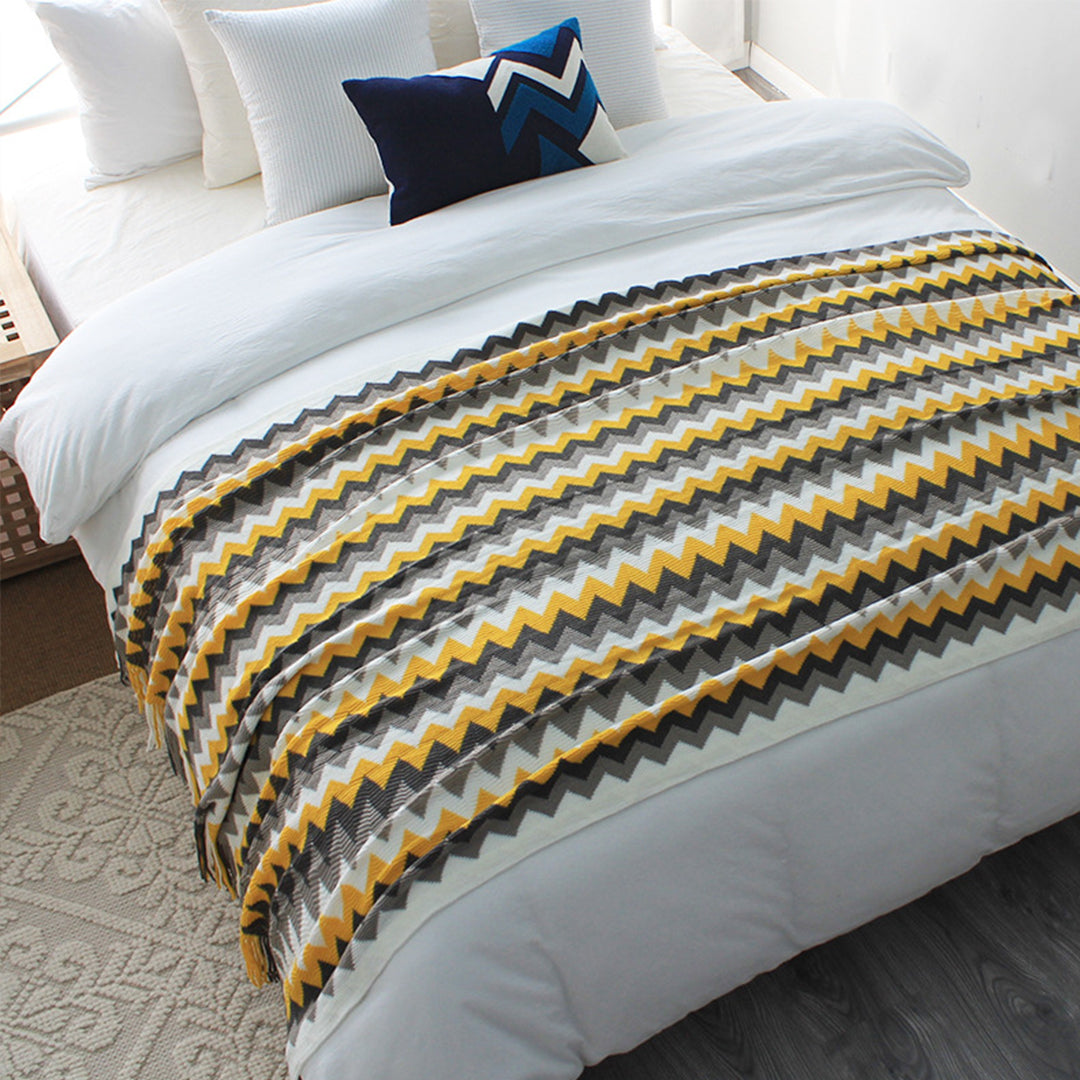 SOGA 2X 170cm Yellow Zigzag Striped Throw Blanket Acrylic Wave Knitted Fringed Woven Cover Couch Bed Sofa Home Decor - Cafe Supply