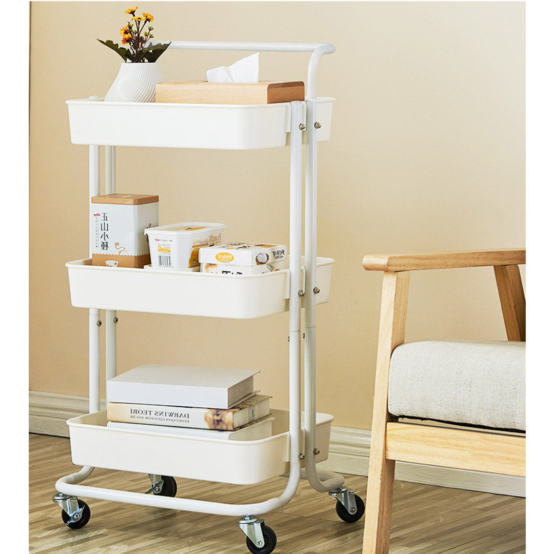 SOGA 3 Tier Steel White Movable Kitchen Cart Multi-Functional Shelves Portable Storage Organizer with Wheels - Cafe Supply