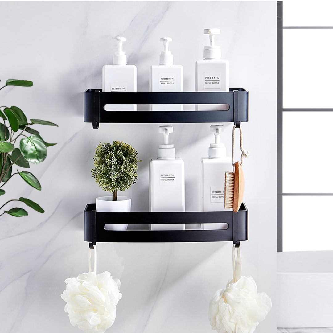 SOGA 2X Black Wall-Mounted Rectangular Bathroom Storage Organiser Space Saving Adhesive Shelf Rack with Hooks - Cafe Supply