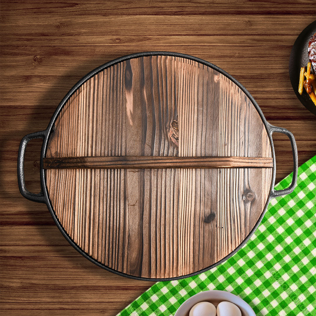 SOGA 33cm Round Cast Iron Pre-seasoned Deep Baking Pizza Frying Pan Skillet with Wooden Lid - Cafe Supply