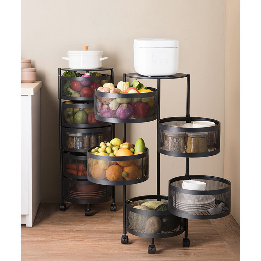 SOGA 5 Tier Steel Round Rotating Kitchen Cart Multi-Functional Shelves Portable Storage Organizer with Wheels - Cafe Supply