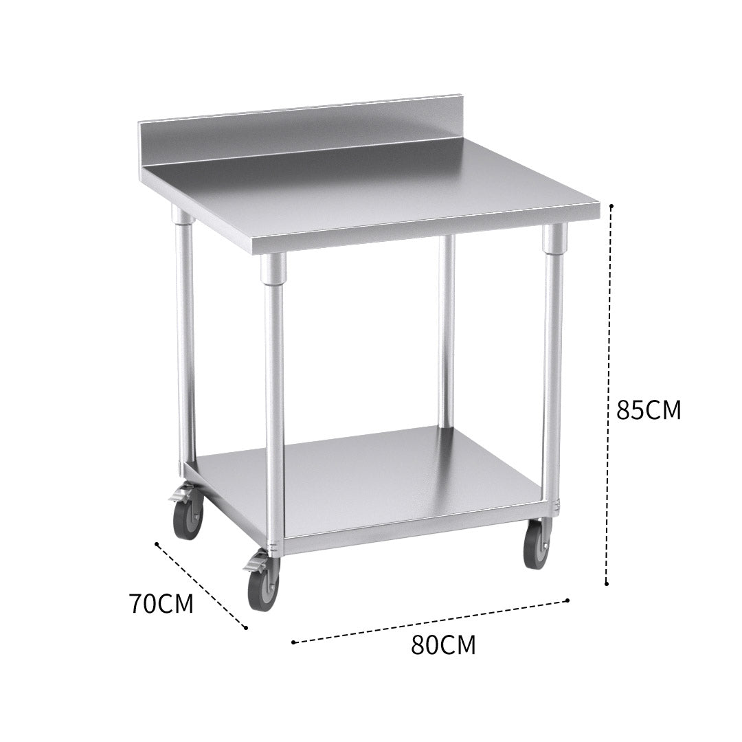 SOGA 80cm Commercial Catering Kitchen Stainless Steel Prep Work Bench Table with Backsplash and Caster Wheels - Cafe Supply