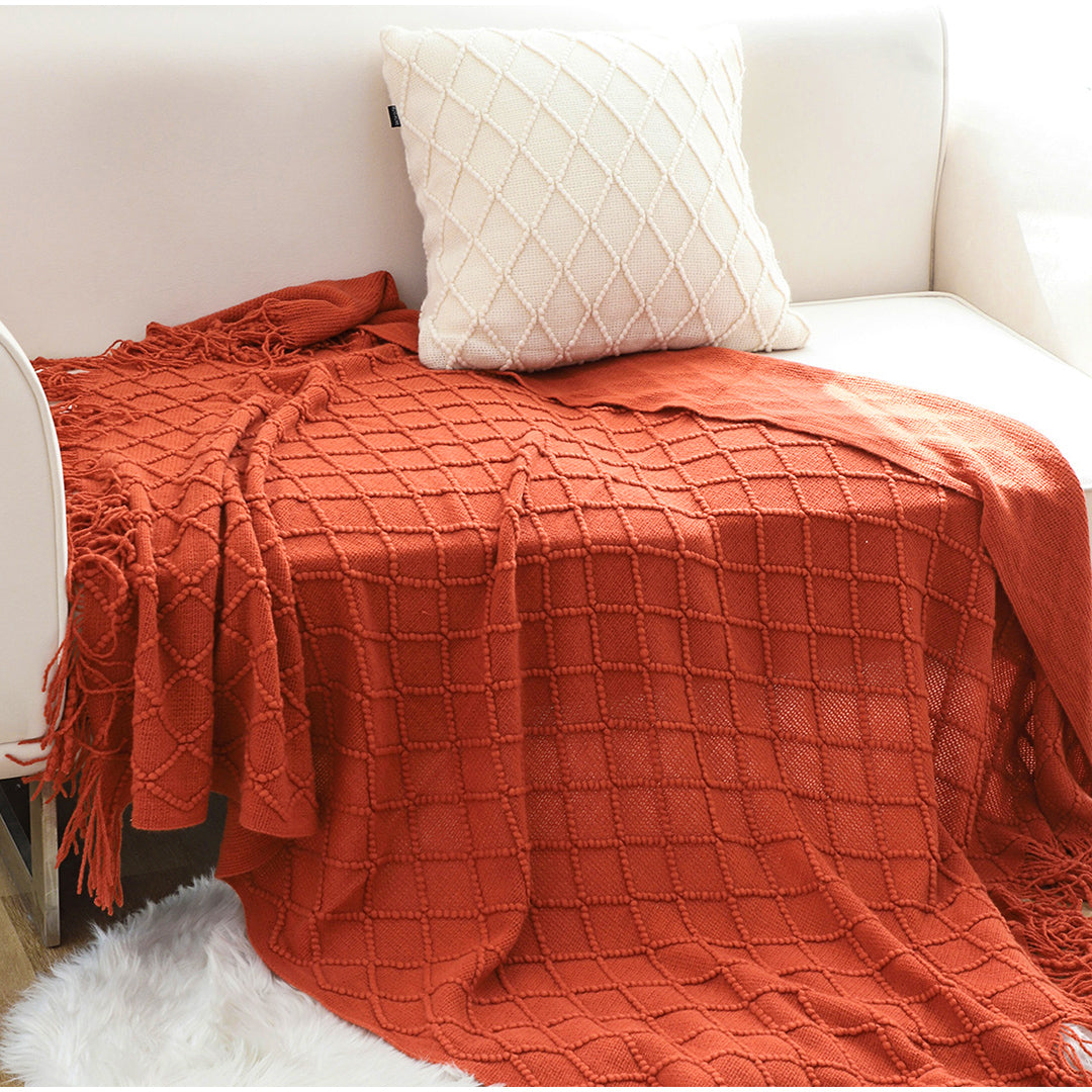SOGA 2X Red Diamond Pattern Knitted Throw Blanket Warm Cozy Woven Cover Couch Bed Sofa Home Decor with Tassels - Cafe Supply