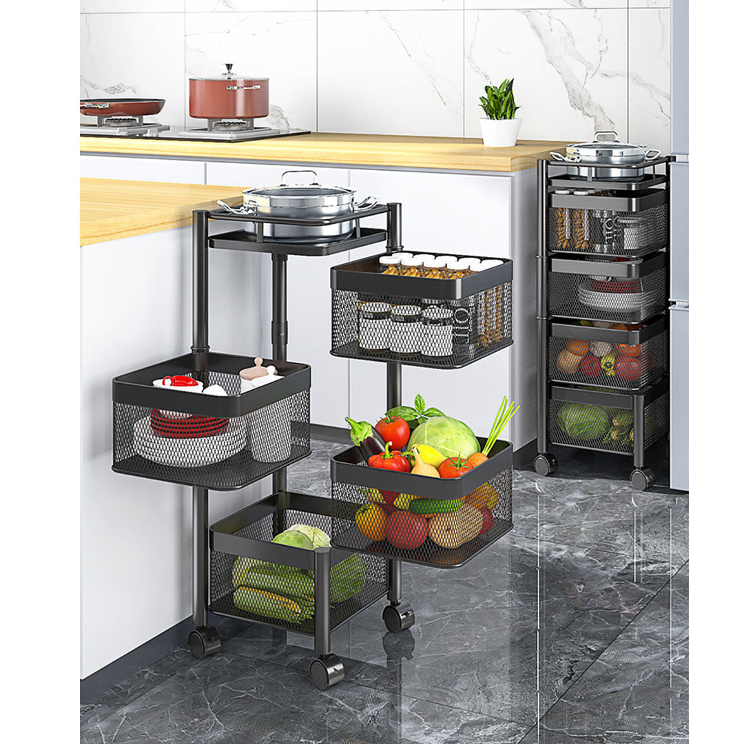 SOGA 4 Tier Steel Square Rotating Kitchen Cart Multi-Functional Shelves Portable Storage Organizer with Wheels - Cafe Supply