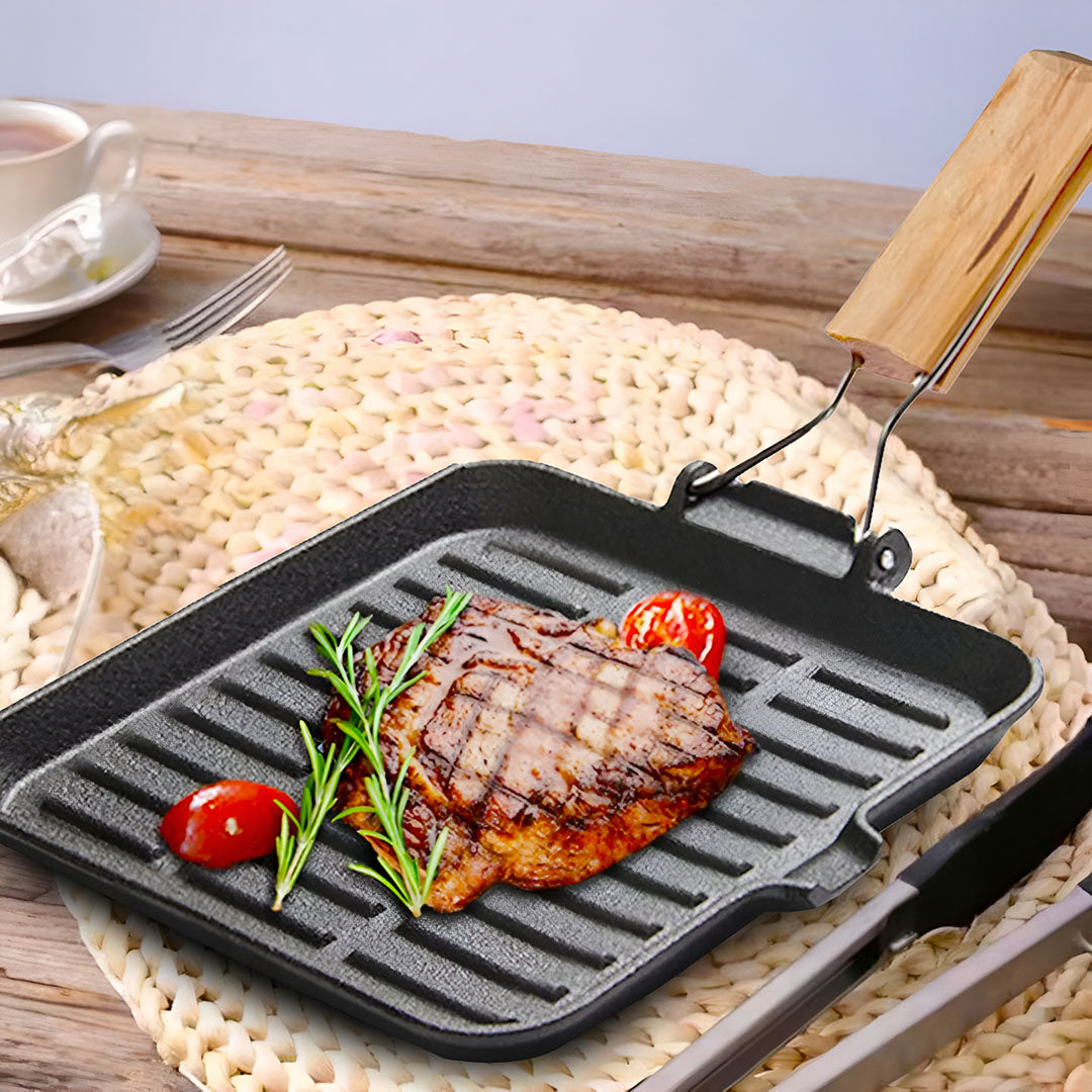 SOGA 24cm Ribbed Cast Iron Square Steak Frying Grill Skillet Pan with Folding Wooden Handle - Cafe Supply