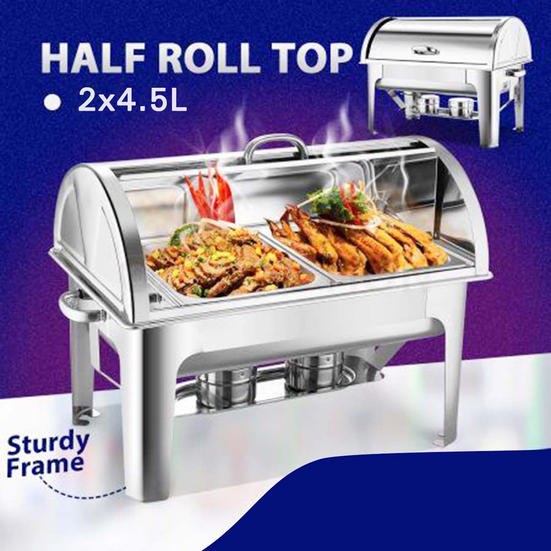 SOGA 4X 4.5L Dual Tray Stainless Steel Roll Top Chafing Dish Food Warmer - Cafe Supply