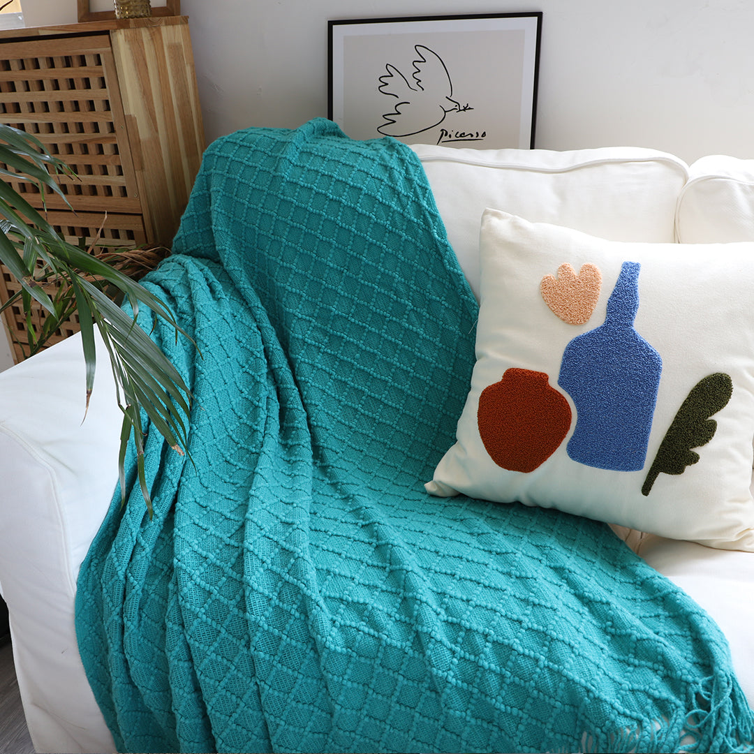 SOGA Teal Diamond Pattern Knitted Throw Blanket Warm Cozy Woven Cover Couch Bed Sofa Home Decor with Tassels - Cafe Supply