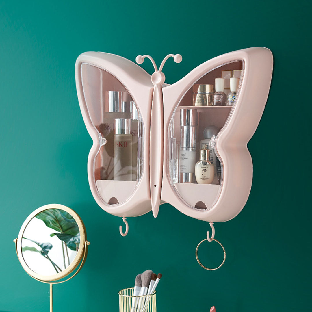 SOGA Pink Butterfly Shape Wall-Mounted Makeup Organiser Dustproof Waterproof Bathroom Storage Box Home Decor - Cafe Supply