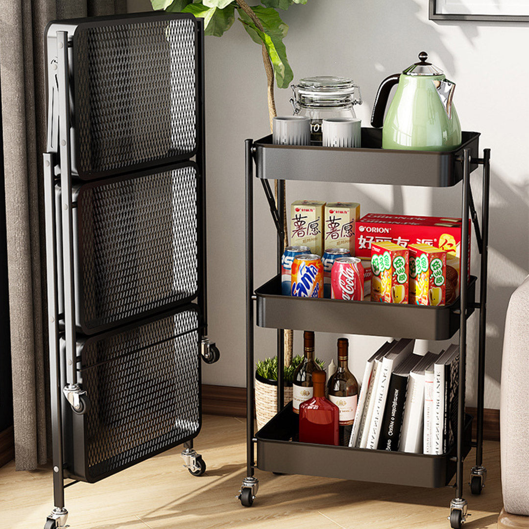 SOGA 3 Tier Steel Black Foldable Kitchen Cart Multi-Functional Shelves Portable Storage Organizer with Wheels - Cafe Supply