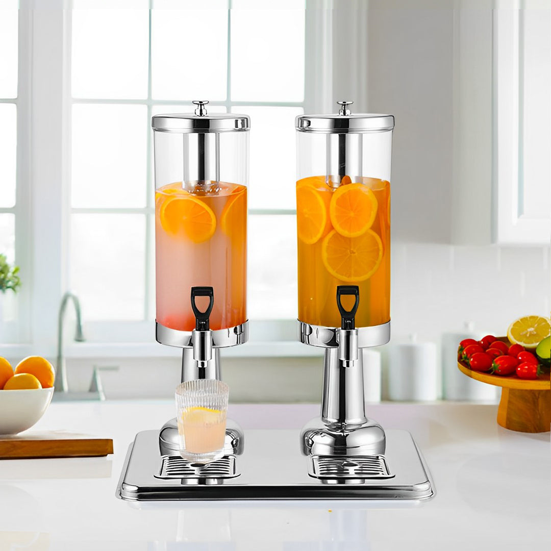 SOGA 6L Dual Silver Stainless Steel Beverage Dispenser Ice Cylinder Clear Juicer Hot Cold Water Jug - Cafe Supply