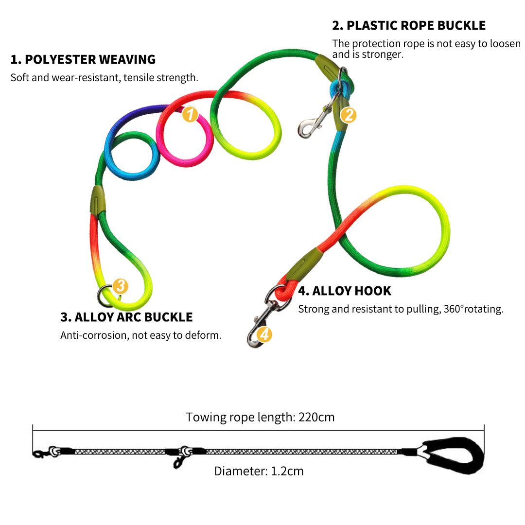 SOGA 2X 220cm Multifunction Hands-Free Rope Pet Cat Dog Puppy Double Ended Leash for Walking Training Tracking Obedience Rainbow - Cafe Supply
