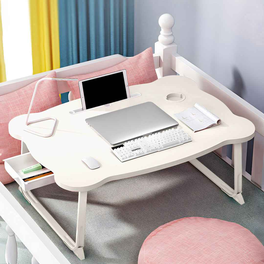 SOGA 2X White Portable Bed Table Adjustable Folding Mini Desk With Mini Drawer and Cup-Holder Home Decor - Cafe Supply