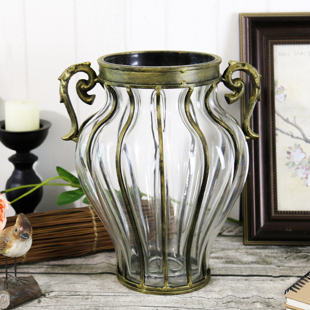 SOGA Clear European Glass Home Decor Flower Vase with Two Metal Handle - Cafe Supply
