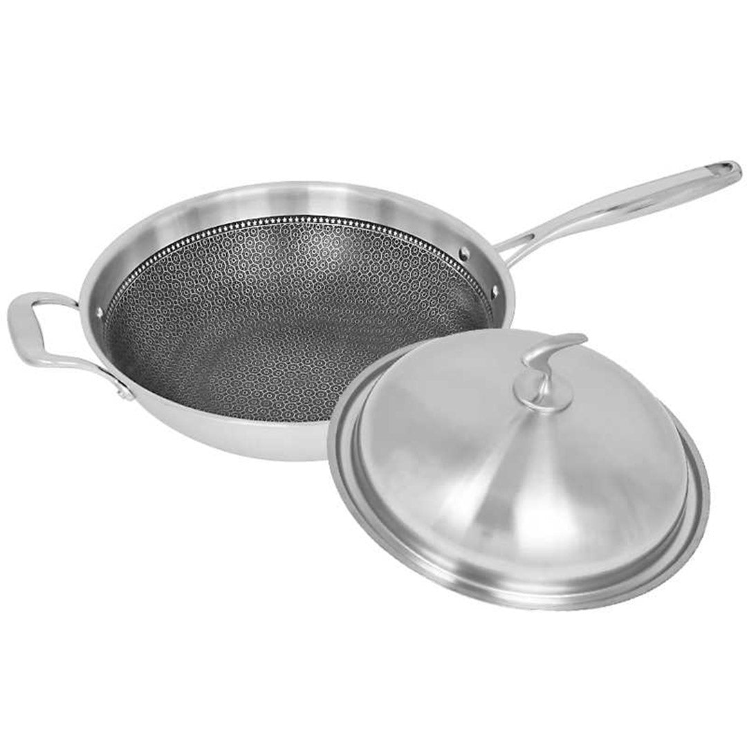 SOGA 2X 18/10 Stainless Steel Fry Pan 34cm Frying Pan Top Grade Textured Non Stick Interior Skillet with Helper Handle and Lid - Cafe Supply