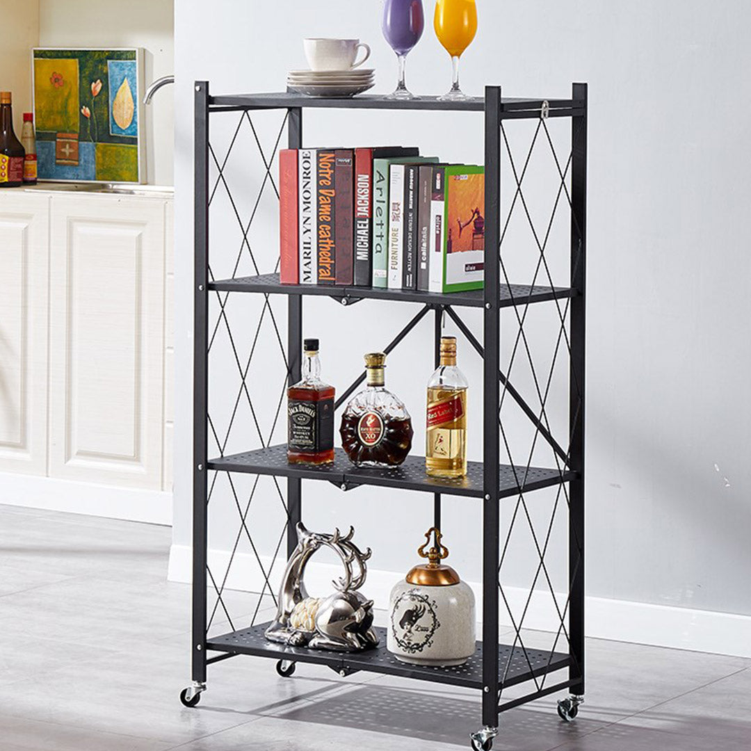 SOGA 4 Tier Steel Black Foldable Kitchen Cart Multi-Functional Shelves Portable Storage Organizer with Wheels - Cafe Supply