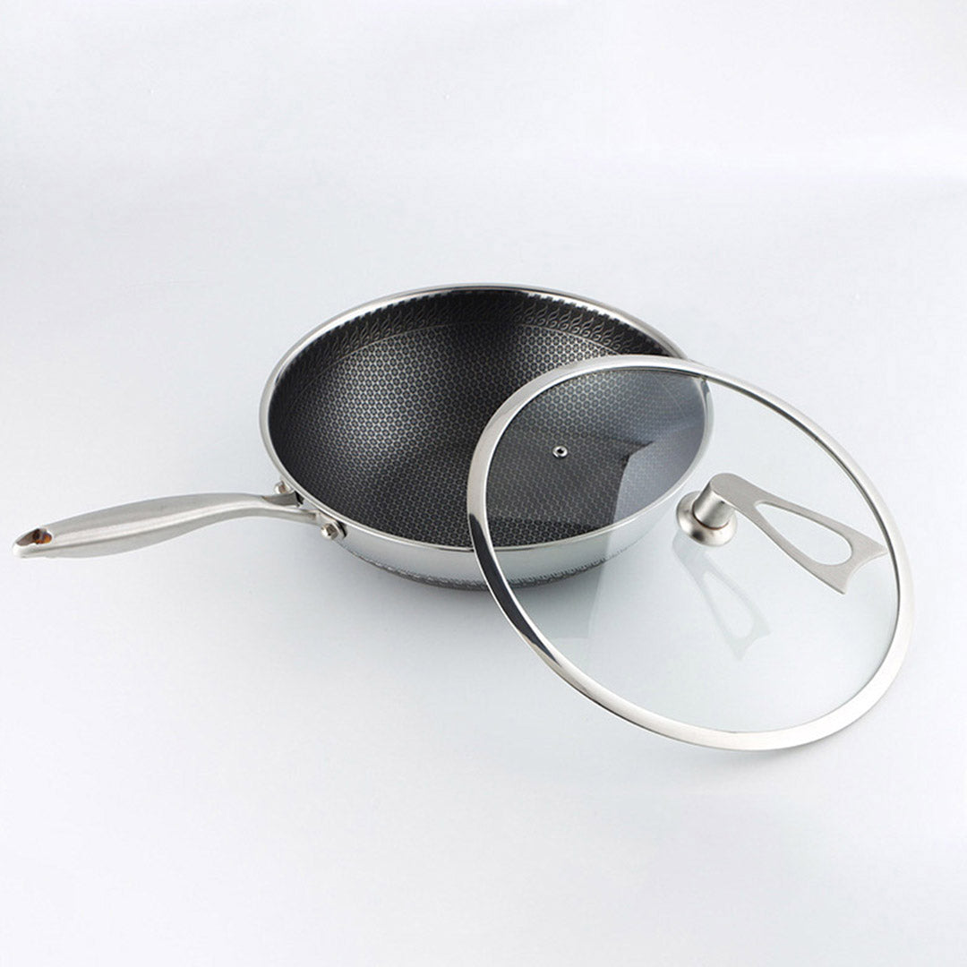 SOGA 32cm Stainless Steel Tri-Ply Frying Cooking Fry Pan Textured Non Stick Interior Skillet with Glass Lid - Cafe Supply