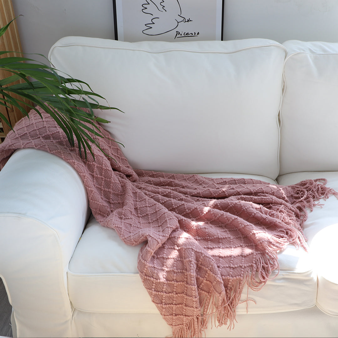 SOGA Pink Diamond Pattern Knitted Throw Blanket Warm Cozy Woven Cover Couch Bed Sofa Home Decor with Tassels - Cafe Supply