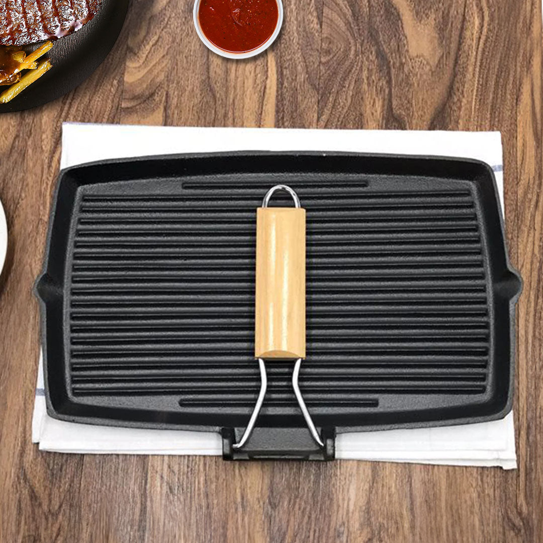 SOGA 2X 20.5cm Rectangular Cast Iron Griddle Grill Frying Pan with Folding Wooden Handle - Cafe Supply