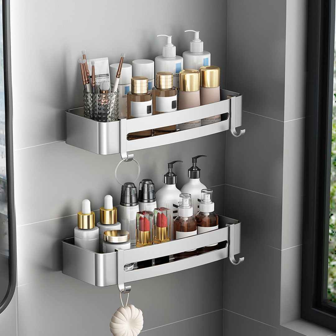 SOGA Silver Wall-Mounted Rectangular Bathroom Storage Organiser Space Saving Adhesive Shelf Rack with Hooks - Cafe Supply