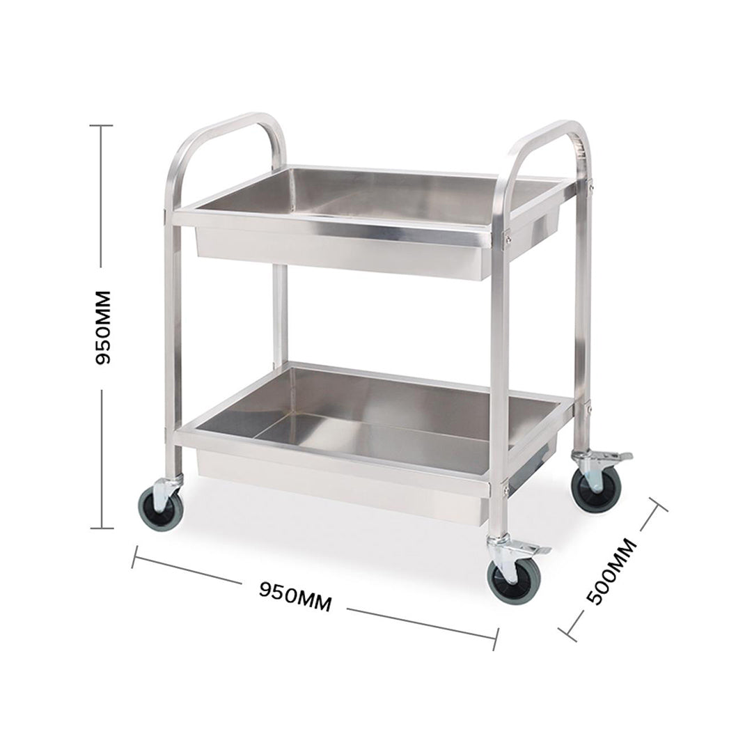 SOGA 2X 2 Tier 95x50x95cm Stainless Steel Kitchen Trolley Bowl Collect Service FoodCart Large - Cafe Supply