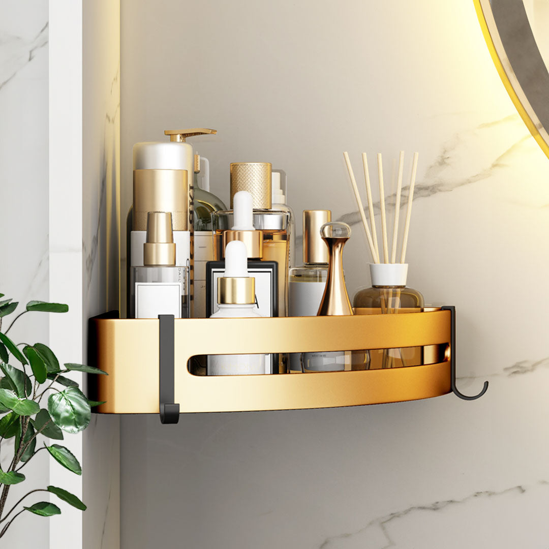 SOGA Gold Wall-Mounted Triangular Bathroom Storage Corner Vanity Organiser Space Saving Adhesive Shelf Rack with Hooks - Cafe Supply