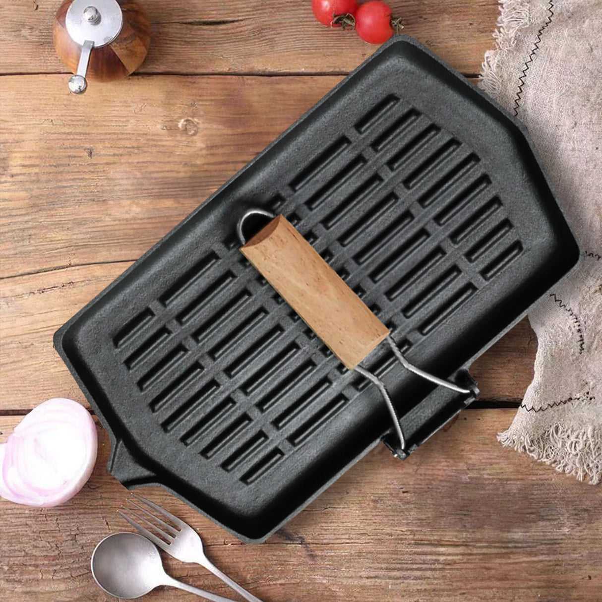 SOGA 2X Rectangular Cast Iron Griddle Grill Frying Pan with Folding Wooden Handle - Cafe Supply