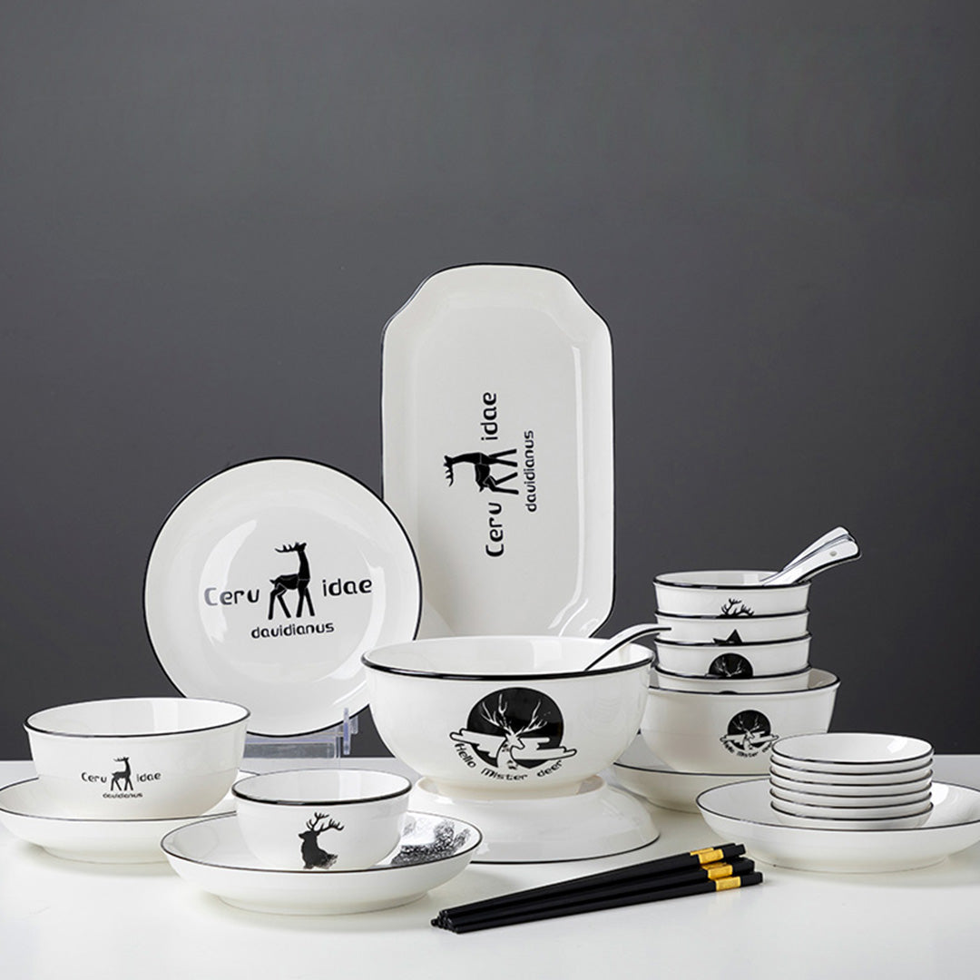SOGA White Antler Printed Ceramic Dinnerware Set Crockery Soup Bowl Plate Server Kitchen Home Decor Set of 20 - Cafe Supply