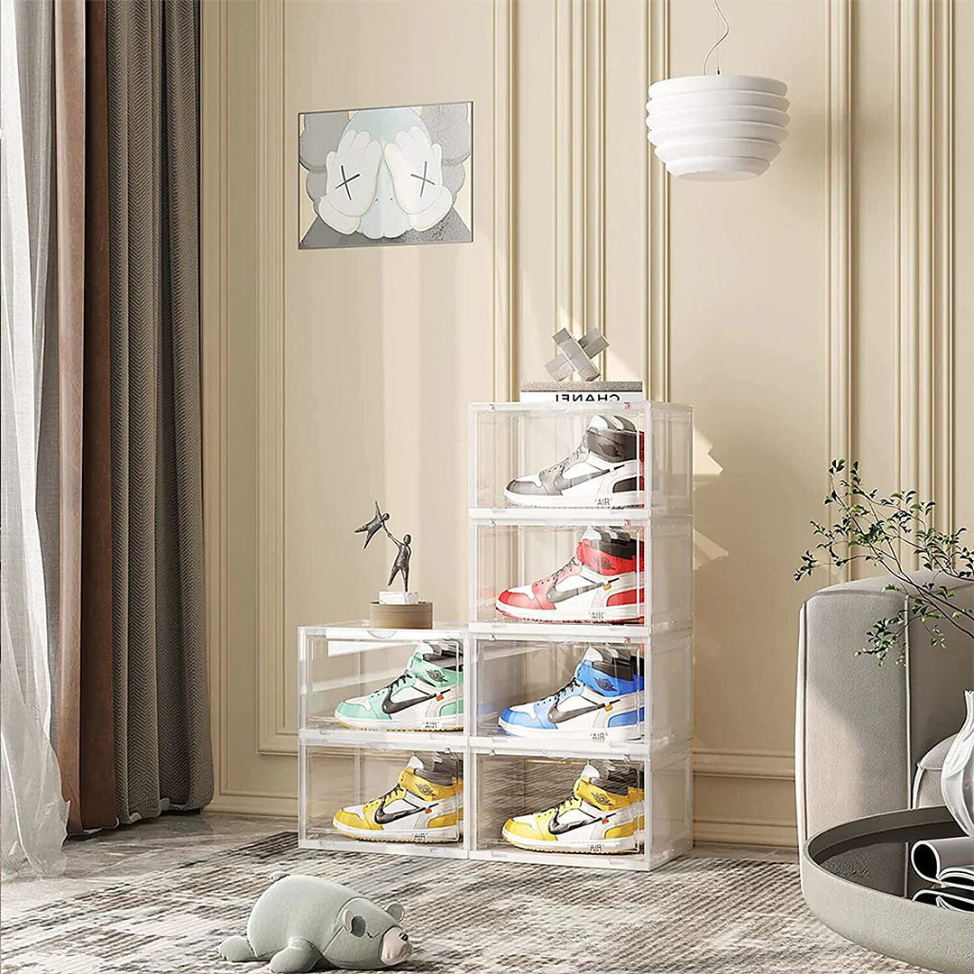 SOGA 4 Tier Transparent Portable Shoe Organiser Sneaker Footwear Folding Plastic Bin Stackable Storage Box with Magnetic Door - Cafe Supply