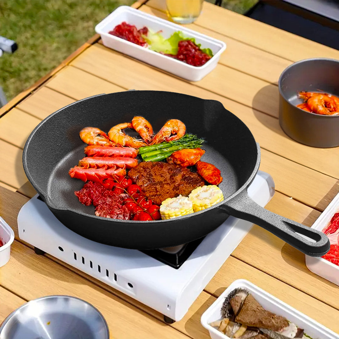 SOGA 2X 26cm Round Cast Iron Frying Pan Skillet Steak Sizzle Platter with Handle - Cafe Supply