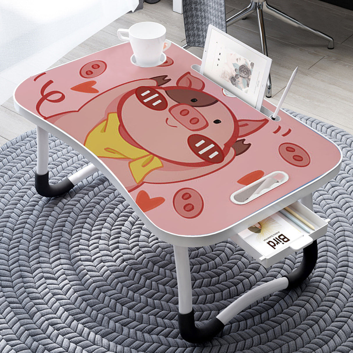 SOGA Cute Pig Design Portable Bed Table Adjustable Foldable Bed Sofa Study Table Laptop Mini Desk with Drawer and Cup Slot Home Decor - Cafe Supply