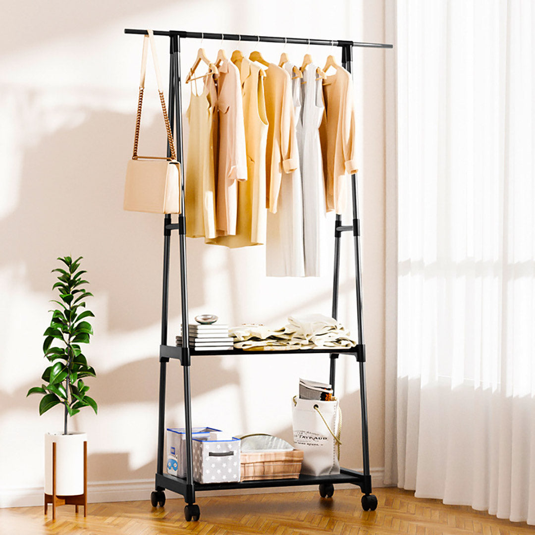 SOGA 2X 2-in-1 Organiser Clothes Shoe Rack Space-Saving Triangular Storage with Wheels Black - Cafe Supply