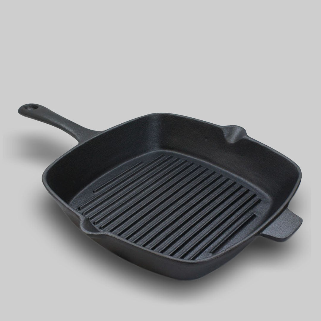 SOGA 26cm Square Ribbed Cast Iron Frying Pan Skillet Steak Sizzle Platter with Handle - Cafe Supply