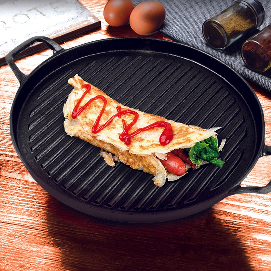 SOGA 2X 28cm Ribbed Cast Iron Frying Pan Skillet Coating Steak Sizzle Platter - Cafe Supply